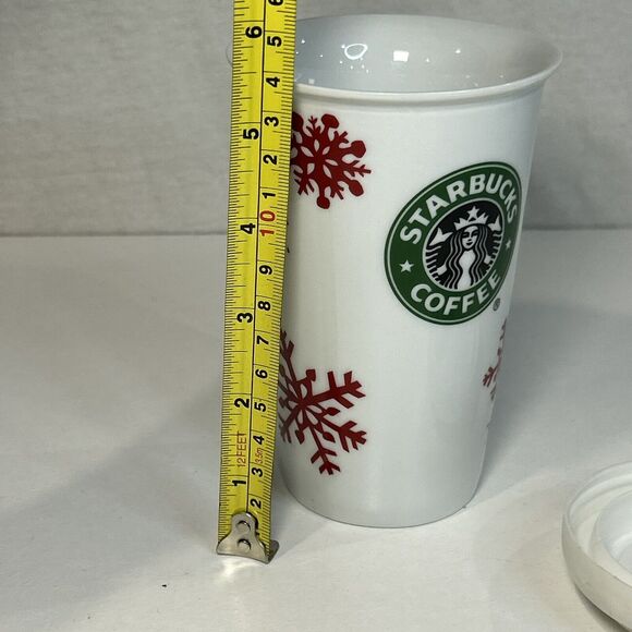 2010 Starbucks Logo Christmas Red Snowflakes Ceramic Tumbler Mug with Lid - Picture 6 of 6